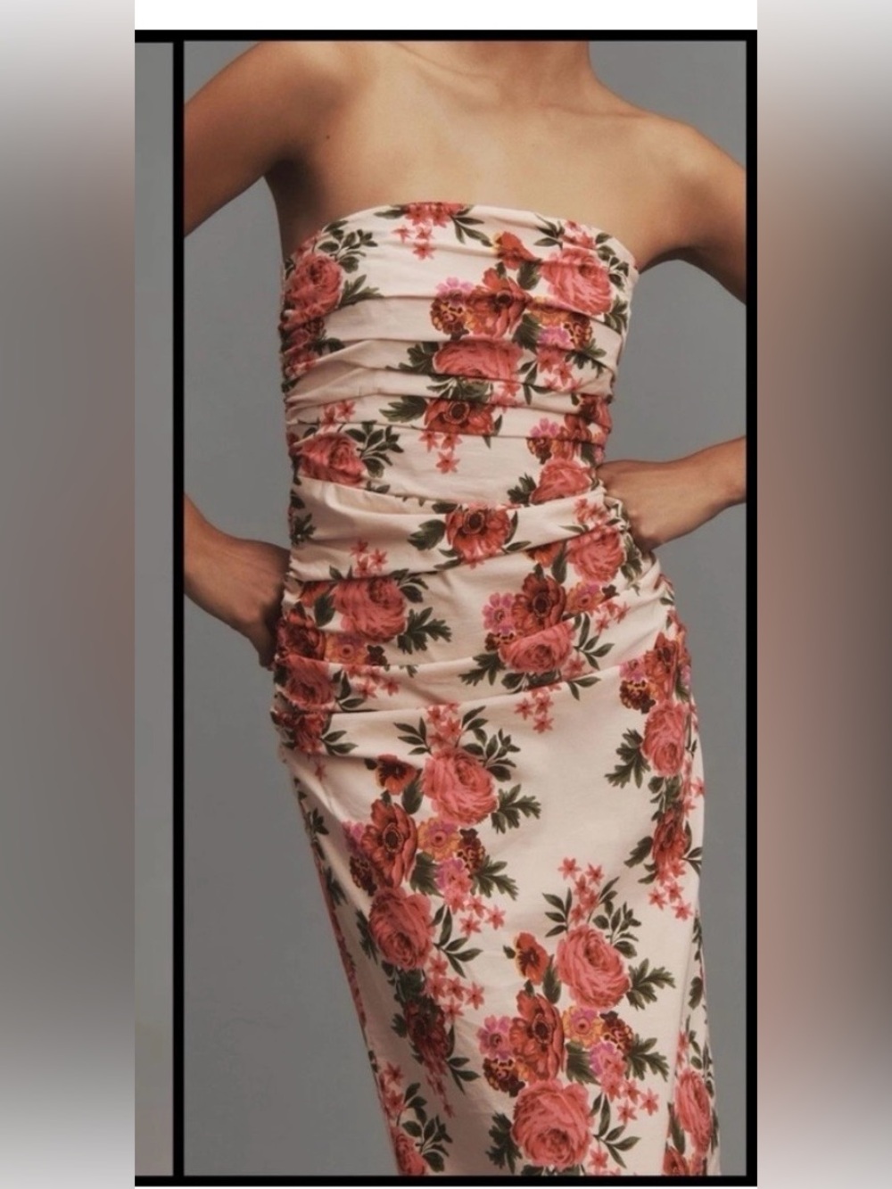 Strapless Floral Ruched Midi Dress - Pink Anthropologie Soleil medium